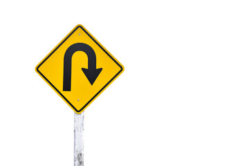 Isolated traffic sign: Right U-turn sign on cement pole with clipping paths.