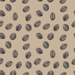 Watercolor pattern of coffee beans on a brown background.