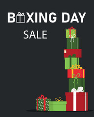 Boxing day sale design with gift boxes. Tower from gifts. Vector illustration