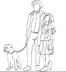 Elderly Couple with Dog Continuous One Line Drawing. Couple and Dog Creative Contemporary Abstract Line Drawing. Minimalist Design for Landing, Print, Card, Poster, Social Media.