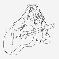 Guitar.One Continuous Line Drawing. Music Instrument Stock.Continuous line drawing of a jazz instrument.
 Vector - Illustration of outline. One line art.
