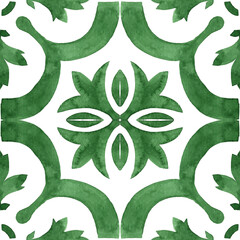 Gorgeous seamless patchwork pattern from dark green and white Moroccan, Portuguese tiles, Azulejo, Arabic ornament. - obrazy, fototapety, plakaty