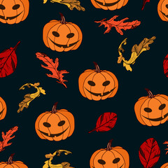 Seamless vector pattern of pumpkins and colorful leaves on a dark blue background. Halloween.