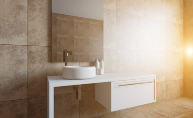 Bathroom interior bathtub. 3D rendering.. Sunset.