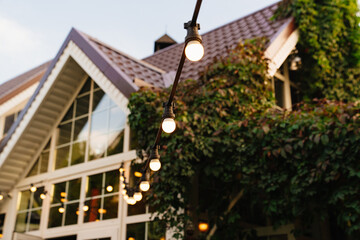 A garland with light bulbsin the country house's garden.