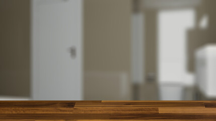 Abstract  toilet and bathroom interior for background. 3D render. Background with empty wooden table. Flooring.