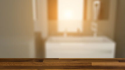 Clean and fresh bathroom with natural light. 3D rendering.. Suns. Background with empty wooden table. Flooring.