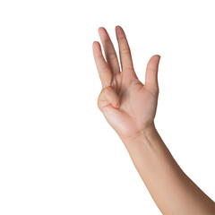Obraz premium Closeup Beautiful female hand count from one to five gesture Isolated on blank white background. Set of woman palms raised fingers gesture numbers concept for people thumb nail solution.