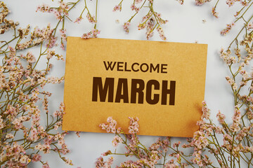 Welcome March written on paper card with flower frame decoraton on pink background