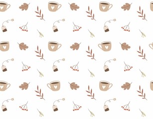 Cup of tea with herb and leaves seamless  pattern. 