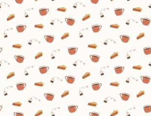 Cup of tea with pie seamless  pattern. Bakery background