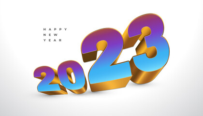 Happy New Year 2023 with Colorful and Gold 3D Numbers Isolated on White Background. New Year Design for Banner, Poster and Greeting Card