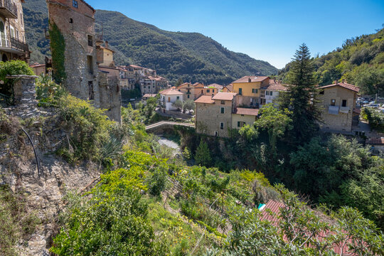 Aerial panoramic view of Rocchetta Nervina; It's a small village of far west of Liguria Region (Northern Italy), near the French borders.