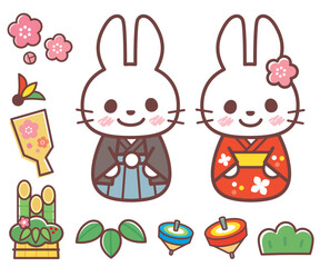 コロコロうさぎと正月のイラスト
