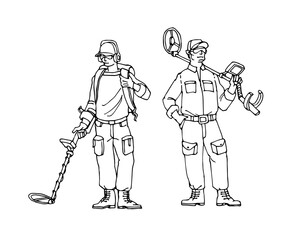 Black diggers with metal detectors. Modern search technologies. Meteorite hunters. Vector illustration with black ink lines isolated on a white background in a cartoon and hand drawn style.
