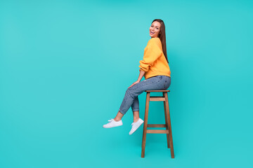 Side profile full length photo of young attractive nice girl sitting chair businesswoman excited...