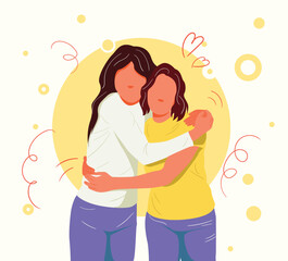 Female friend hug. Happy meeting of close friends. Strong relations, support. Flat Vector Illustration