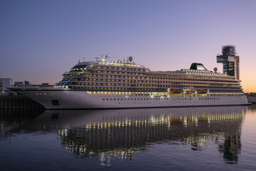 Viking cruiseship or cruise ship liner Star in port of Montreal, Canada during sunrise before...