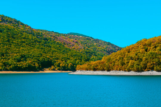 Eugi, Navarra, Spain, on September 11, 2022 land in the Eugi reservoir, discharging the water to give prominence to the land on the right side with contrast