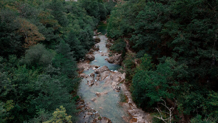 Foto dron a un río en Asturias. Naturaleza, calma y paz. Arobles verde y río azul.