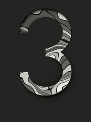 Number 3 with abstract texture in grayscale, cut from black background and rotated diagonally, 3d rendering