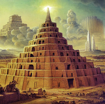 Ancient city of Babylon with the tower of Babel, bible and religion, new testament, speech in different languages,Illustration, Tower