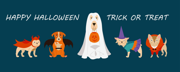 Cute Dogs of Different Breeds in Halloween costumes set. Funny Pets Animals Dressed for carnival part. Holiday celebration cartoon style vector Illustration