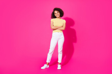 Fototapeta na wymiar Full body size photo of young pretty adorable woman wear stylish outfit folded arms positive isolated on pink color background