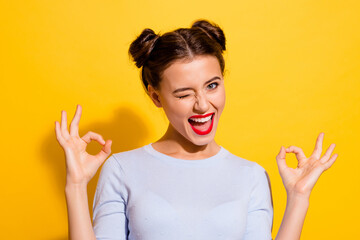 Photo of pretty attractive female flirty winking her eye showing okay symbol isolated on yellow...