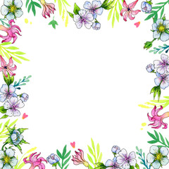square frame of watercolor flowers and leaves of apple, hyacinth and wild strawberries on a white background.