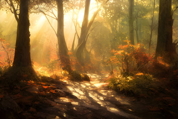 Obraz premium Sunlight in an autumn forest. 
