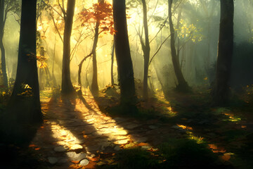 Obraz premium Sunlight in an autumn forest. 