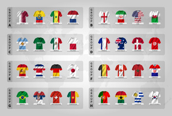 Qatar soccer cup tournament 2022 . 32 teams group stages with jersey and waving country flag pattern . Vector .