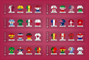 Qatar soccer cup tournament 2022 . 32 teams group stages with jersey and waving country flag pattern . Vector .
