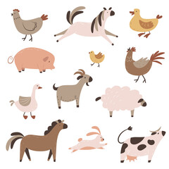 Collection of farm domestic animals. Set of simple doodle illustrations. Poultry, dairy animals, horses and other ranch residents. Clipart for stickers, children's book design.