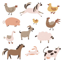 Obraz premium Collection of farm domestic animals. Set of simple doodle illustrations. Poultry, dairy animals, horses and other ranch residents. Clipart for stickers, children's book design.