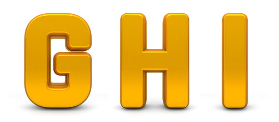 Golden Alphabet 3d isolated on white background. Gold 3d font GHI. 3D golden letters. Alphabetical font 3d. 3D rendering