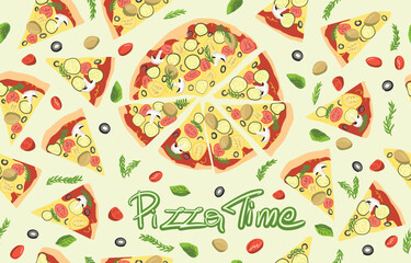 Pizza Time banner with tasty pizza. Delicious beautiful home-made pizza. Italian pizza. Takeaway menu. Can be poster, banner or invitation. Flat Vector Cartoon Illustration