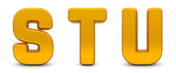 Golden Alphabet 3d isolated on white background. Gold 3d font STU. 3D golden letters. Alphabetical font 3d. 3D rendering
