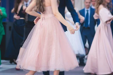 Poster Dance School High school graduates dancing waltz and classical ball dance in dresses and suits on school prom graduation, classical ballroom dancers dancing, waltz, quadrille and polonaise