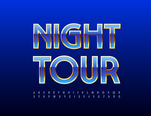 Vector emblem Night Tour. Elegant Blue Font. Modern Alphabet Letters and Numbers