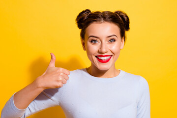 Portrait of positive lady promoter make thumb up symbol great offer promo sale isolated shine color background