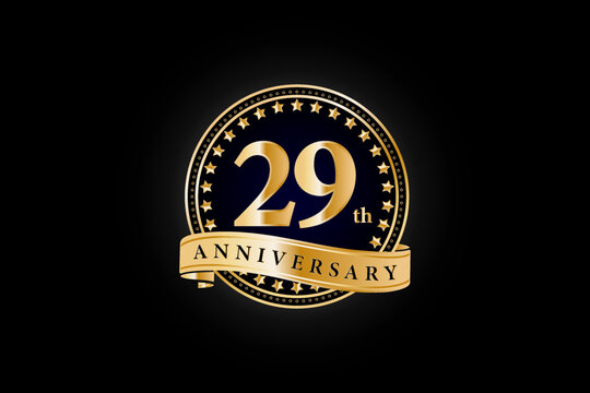 29th anniversary golden gold logo with gold ring and ribbon isolated on black background, vector design for celebration.