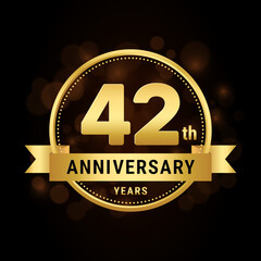 42th anniversary, anniversary celebration template design with gold ribbon. Logo vector illustration