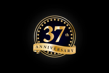 4th anniversary golden gold logo with gold ring and ribbon isolated on black background, vector design for celebration.
