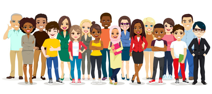 Multiethnic multicultural group of diversity and different ages people standing together. Isolated illustration of society concept