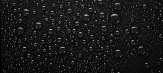 Water. Black background with raindrops. Macro. Top view.