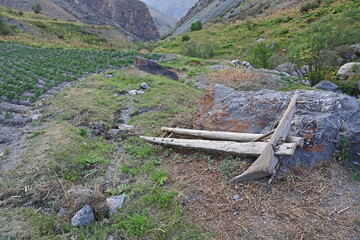 Wooden old plough for plowing the land - 534713058