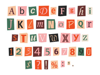 Vector ransom font in y2k style. Letters, numbers and punctuation marks cut-outs from newspaper or magazine. Criminal alphabet set. Retro ransom colorful text.