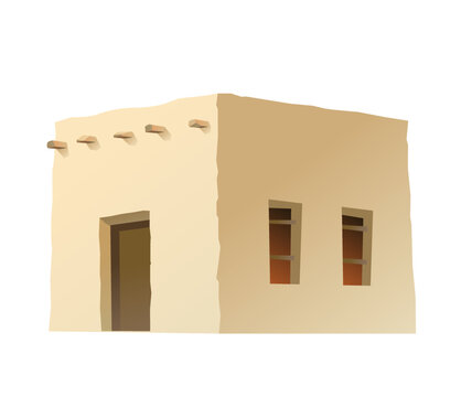 Arab clay simple hut. Middle Eastern adobe dwelling. Africa and Asia traditional house. Isolated on white background Vector.
